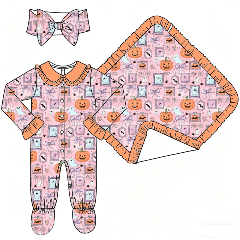 Boutique Girls' Blanket and Romper Lapel Ruffle Buttons Love Pocket Binding Feet Halloween and Thanksgiving Series Print Custom