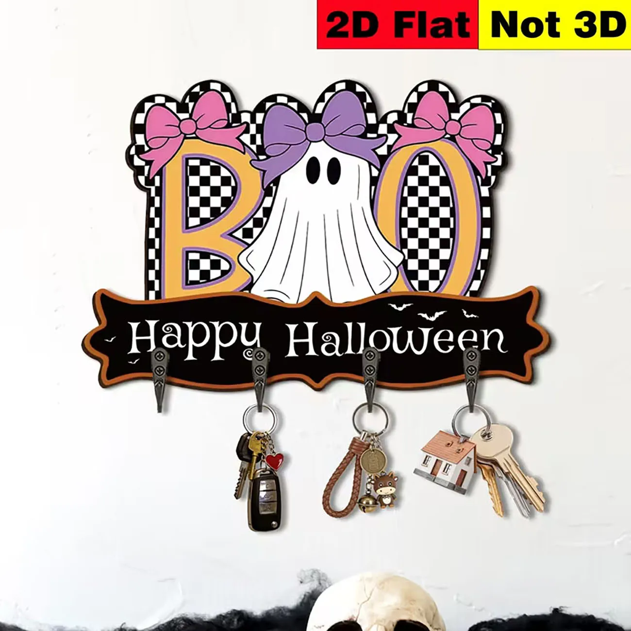 Wooden Halloween Boo Ghost Bow Key Holder Wall Decor 2D Flat Print Wall Mount Key Rack for Entryway Home Decoration