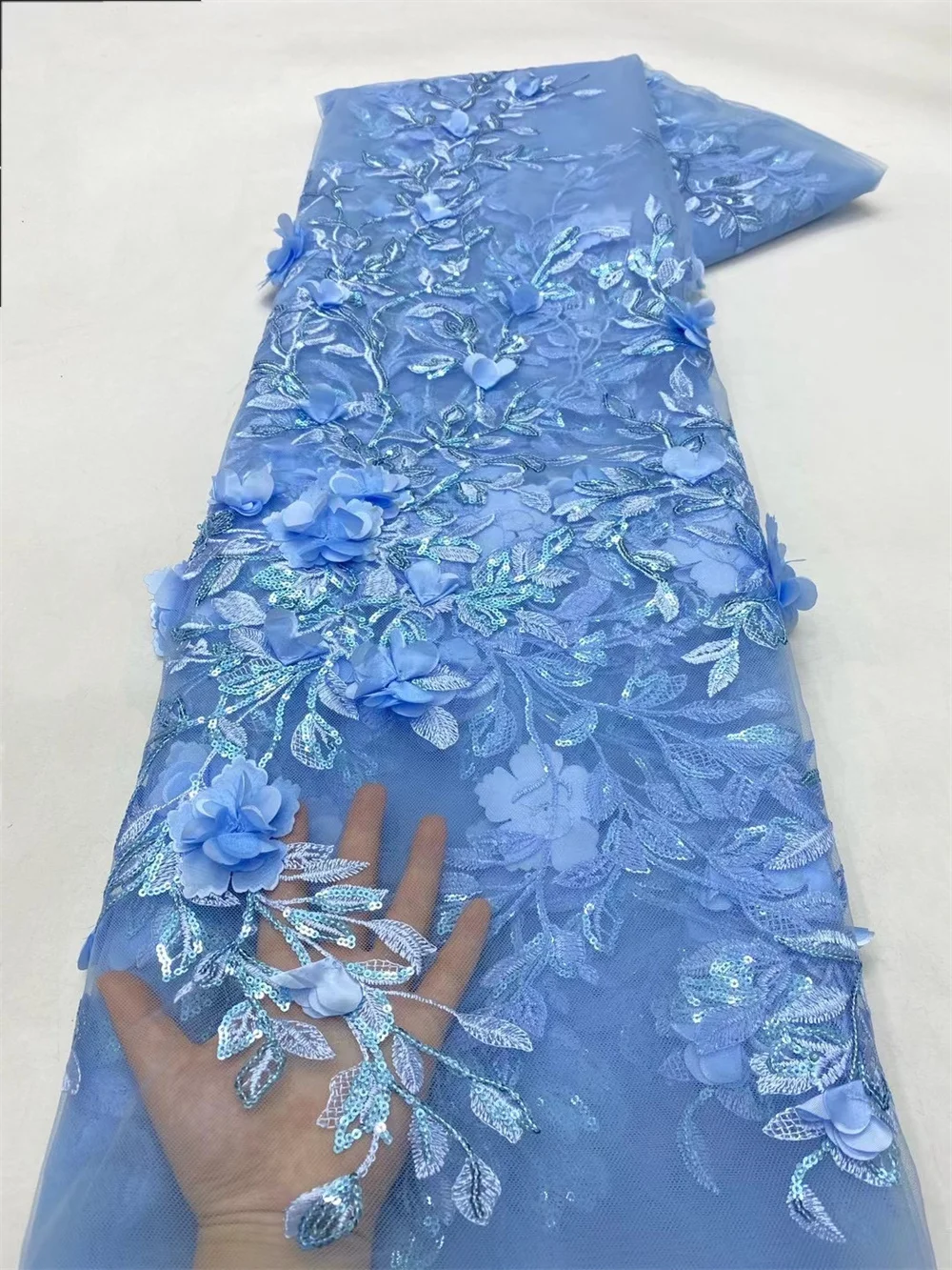 

Sky Blue Tulle With 3d Flowers High Quality Nigerian Party Lace Fabric 2024 Bridal Party Lace For Sewing Dress Wedding Wp647-1