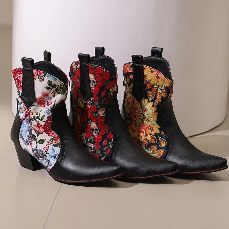 2024new autumn winter women ankle boots plus size 22.5-28cm pu/printing fabric square toeback zip thick heel women modern boots