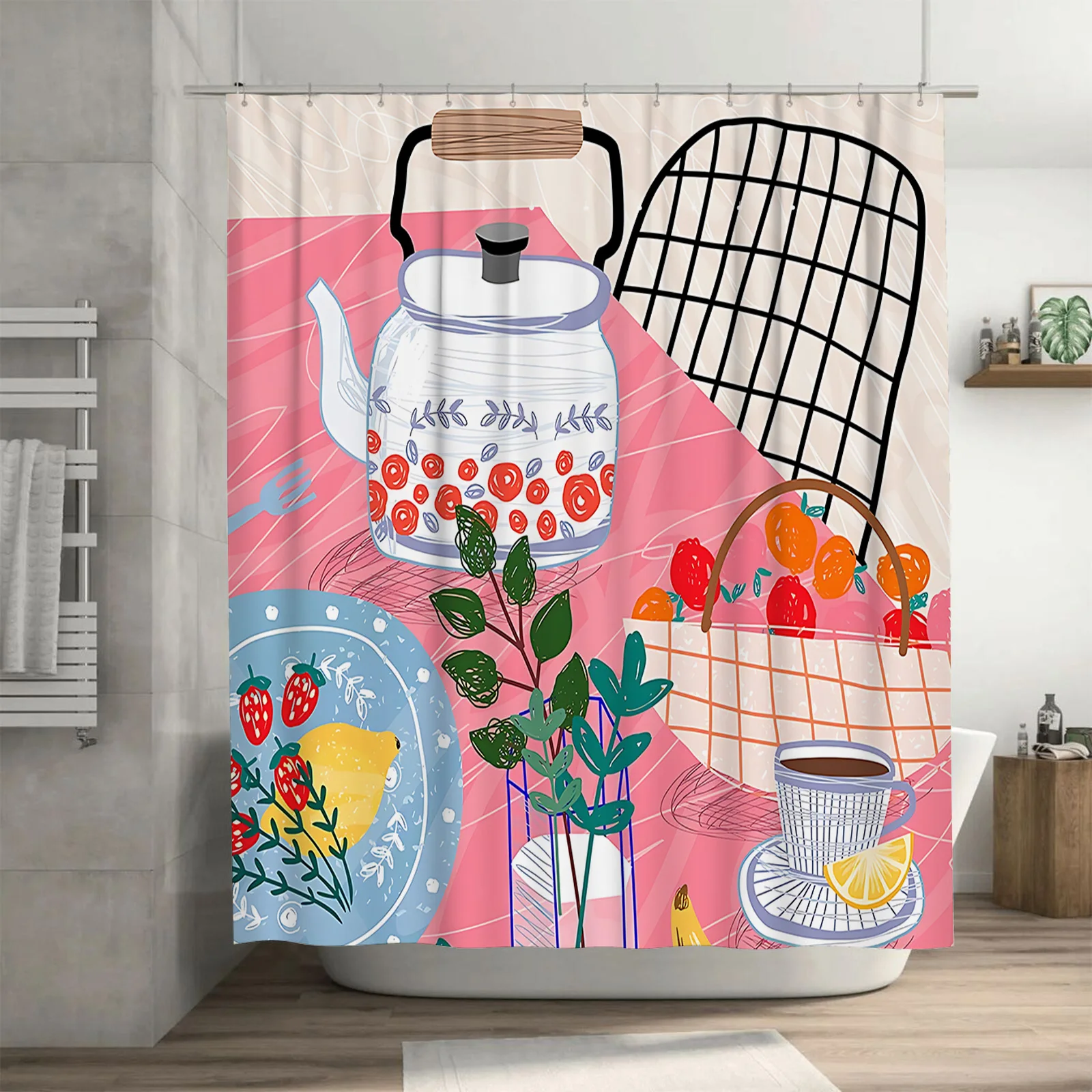 Colorful Kitchen Themed Bath Curtain Tea Pot Fruits Plants Pattern Waterproof Fabric with Hanging Rings Ideal for Bathroom Decor