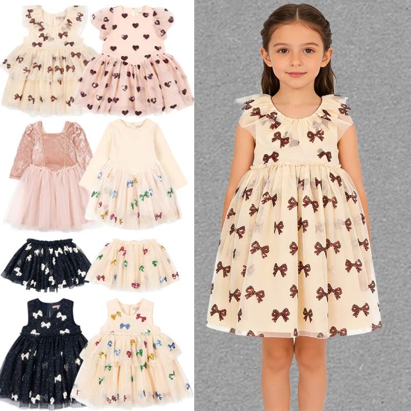 

Children's Dress 2026 New Autumn/Winter Ks Bow Heart Mesh Sequin Dress and Skirt Velvet Long-sleeved Dress for Girls