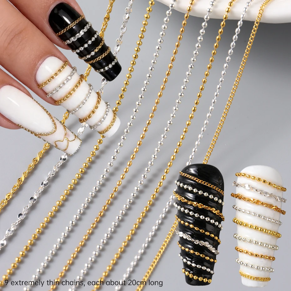 Bagged Nail Art Chains Jewelry Set With 9 Styles 0.6mm-1mm Width For DIY Crafts