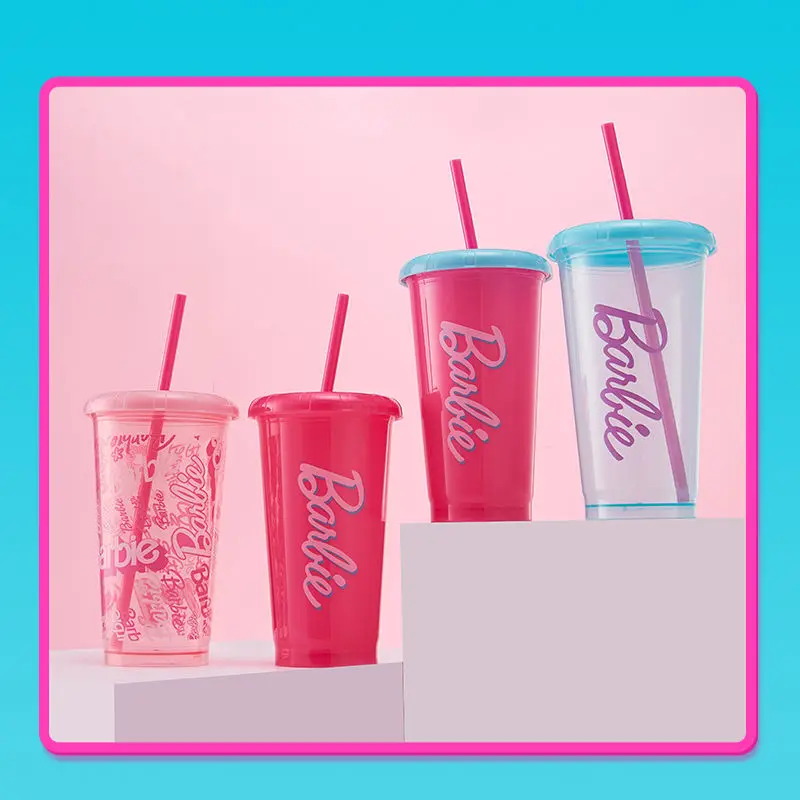 Barbie Daylight Shine Series Straw Cup Plastic Cup Creative Girly Heart Storage Jar Kawaii Water Cup Four-piece Set 520mL Gift