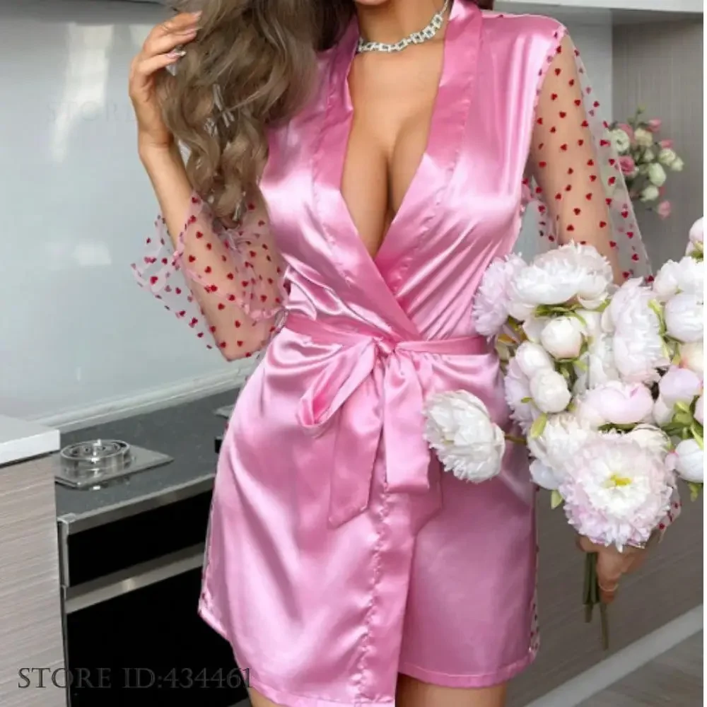 Temptation Perspective Lace Kimono Bathrobe Nightgown Women's Robe Sleepwear Sexy Spring Summer New Satin Home Clothes Lingerie