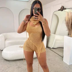Gold Knitted Glitter Sexy 2 Pieces Set Women Outfit Night Party Birthday Hooded Backless Top and Shorts Set Women Two Piece Set
