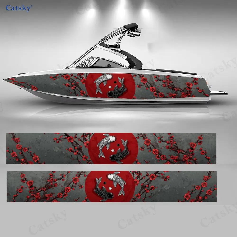2Pcs Red Plum & Koi Fish Boat Stickers, PVC Waterproof Durable Vinyl Wrap Decals for Fishing Boats, Durable and Stylish Design
