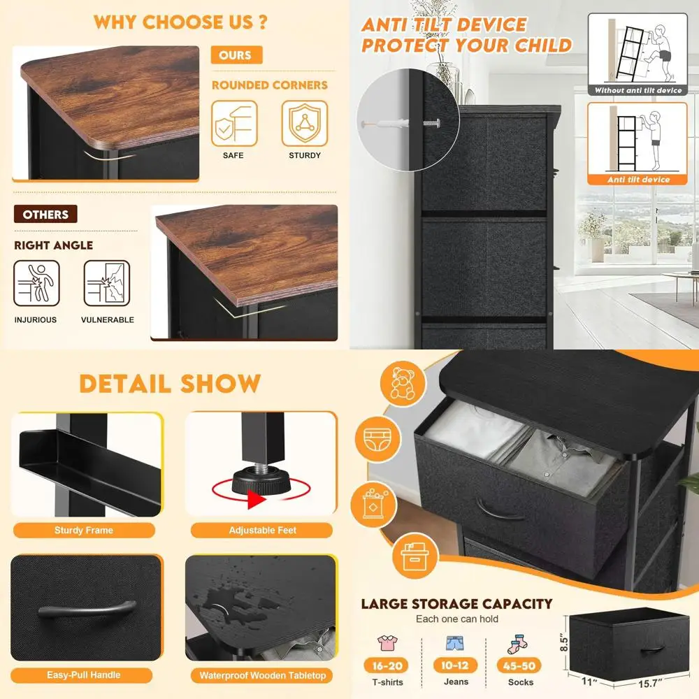 

Curved Profile Drawer or Bedroom Furniture, 5-Drawer Dresser with Waterproof Wood Top for Hallway, Living Room, or Kids' Room in