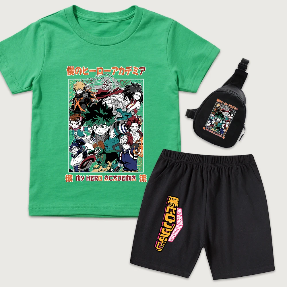 My Hero Academia Kids Cotton T Shirt Short Sleeve Shorts Set with Mini Chest Bag 3 Piece Boys Girls Summer Casual