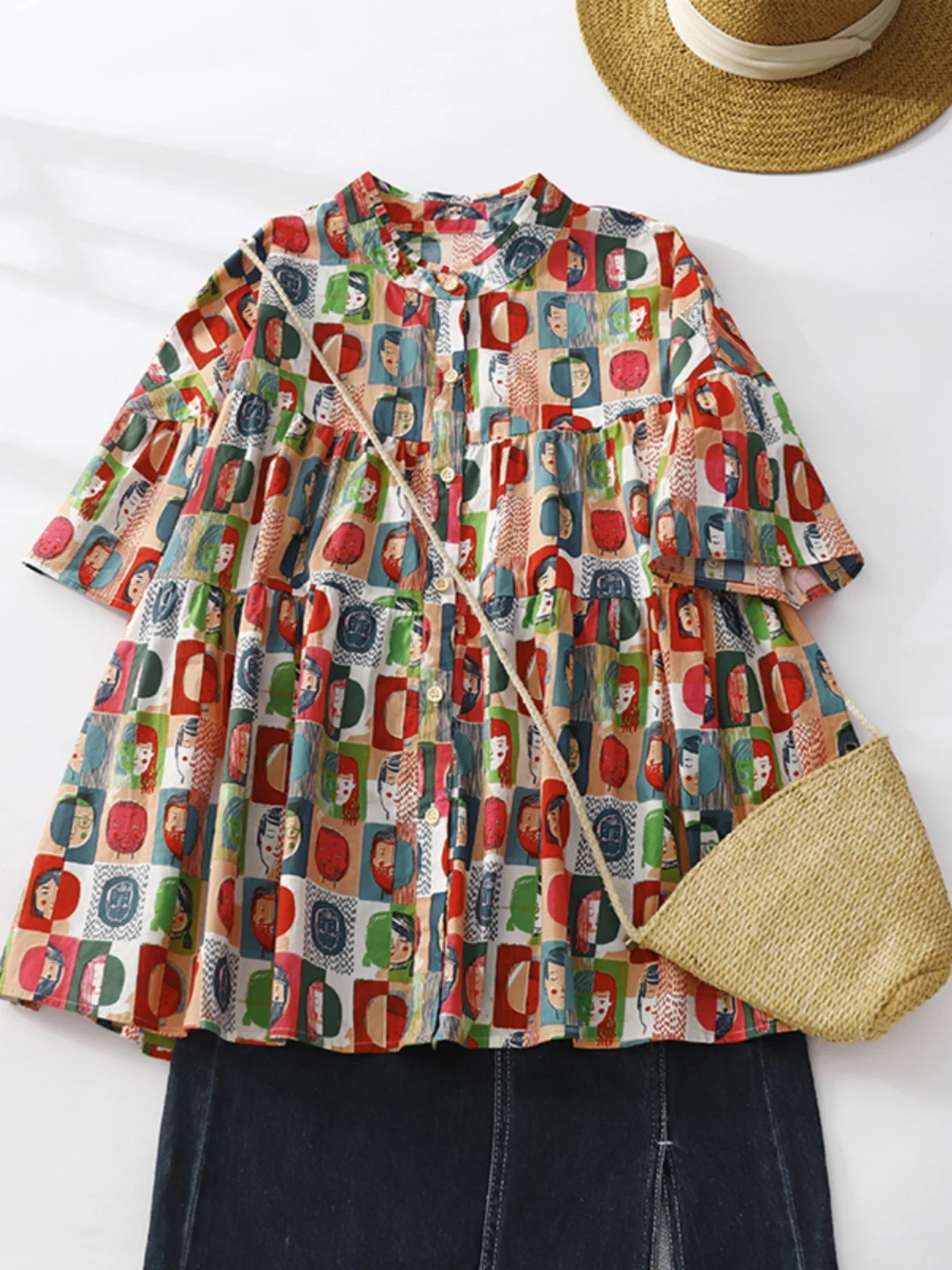 

Loose Casual Cotton Linen irt Women's Printed ort Sve Stand Collar Doll Top Vintage Commute Sle Button Detail