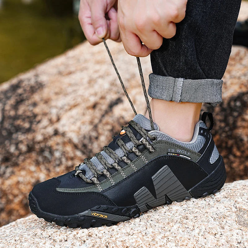 Zapatos de Montañismo de cuero genuino para hombre, calzado antideslizante para deportes al aire libre, montañismo, senderismo, transpirables, para turismo