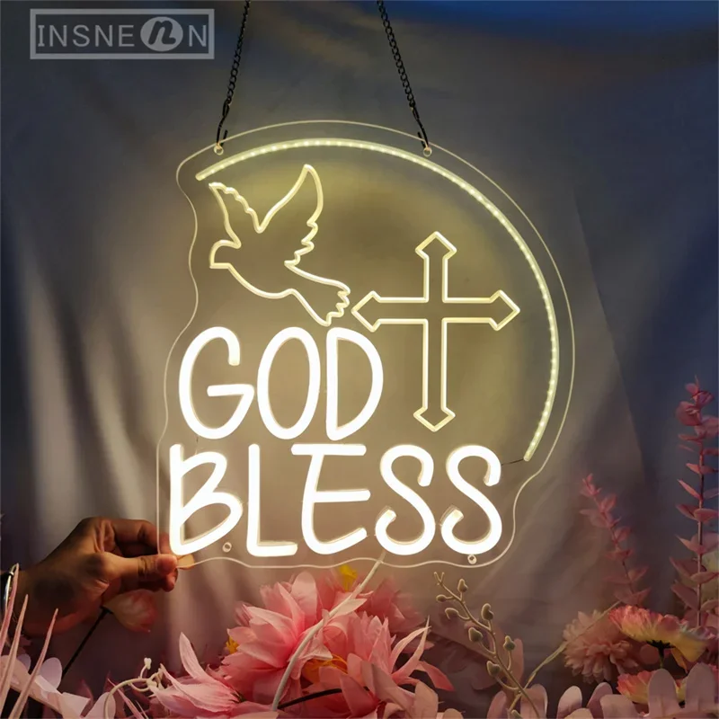 Imagem -05 - God Bless Neon Led Sign Lights Gravação em 3d Decoração de Parede Iluminação Festa Casa Batismo Presentes Usb