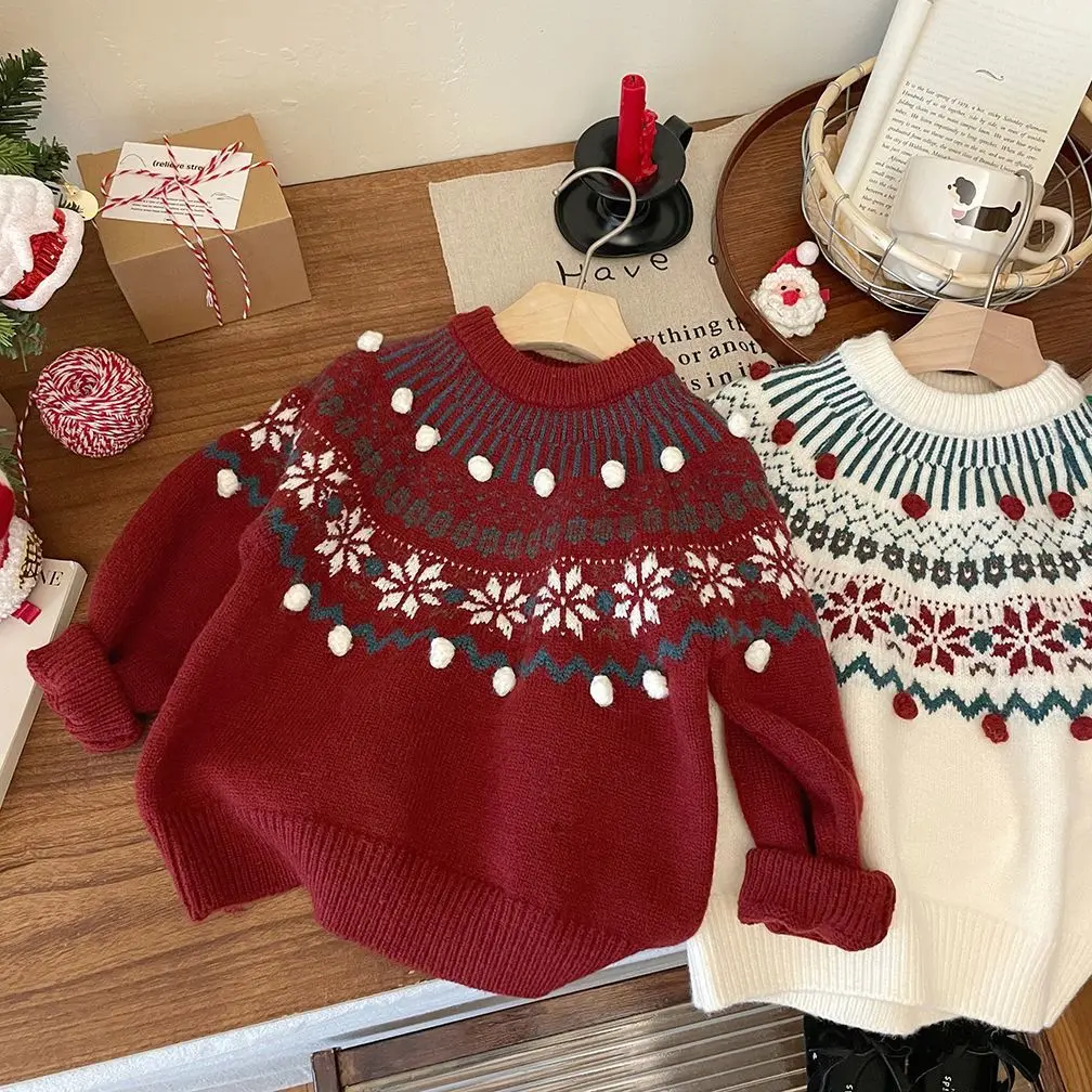 New Year Red Girl Sweater Autumn and Winter New Style Children Warm Base Layer Fashionable Girl Thicker Knit Top