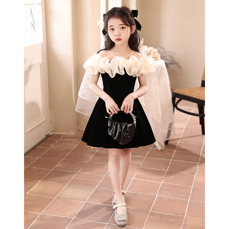 French black thousand gold style girl dress Birthday princess dress children's high-end host piano performance costume