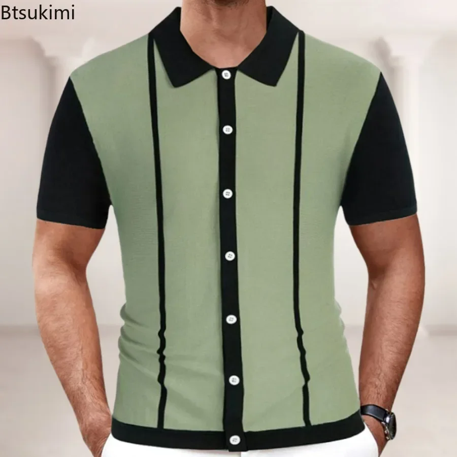 

2025 Men's Summer Casual Shirts Knitted Patchwork Striped Polo Shirt Men Turn-down Collar Button Slim Fit Tops Ice Silk T-shirt