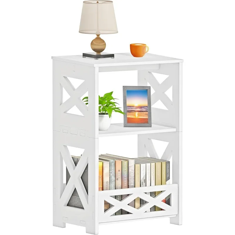 

White Side Table, Small End Table with Storage Shelf, 3-Tier Nightstand Bedside Table Bookshelf Bookcase Display Rack