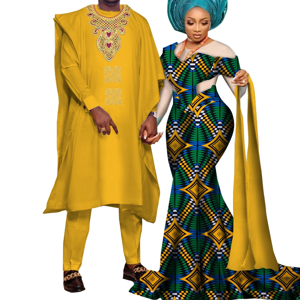 2024 African Couple Clothes Party Dresses for Women Riche Men Print Robe Shirt with Trousers Suits Sets Wedding Clothing Wyq922