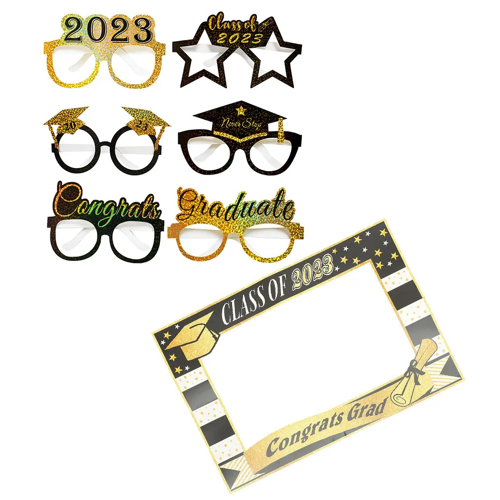 1Set Paper Graduation Glasses Props 2023 Grad Photo Booth Frame Handheld Selfie Prop for Graduation Party Celebration Decor