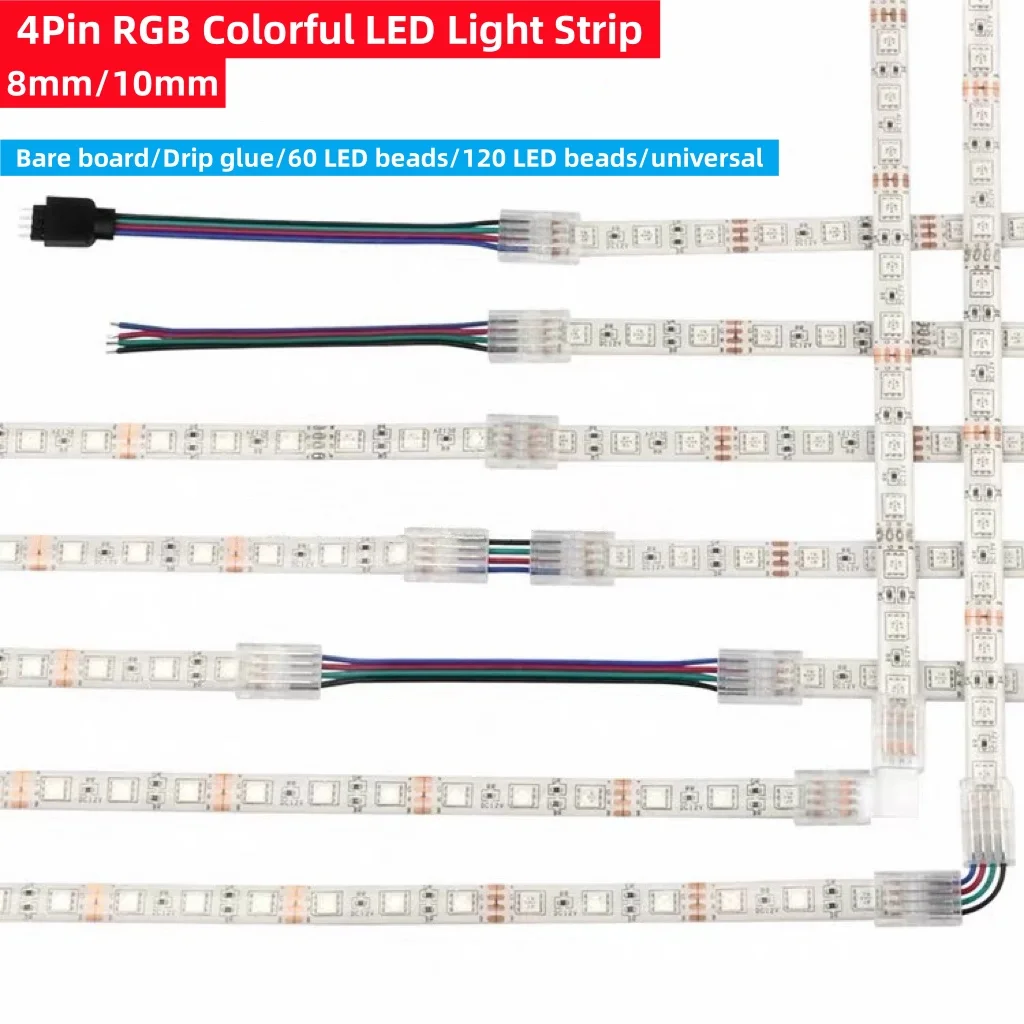 

5PCS RGB Colorful LED light strip 4Pin 8mm/10mm solderless Buckle transparent crystal connector Double ended cable adapter angle