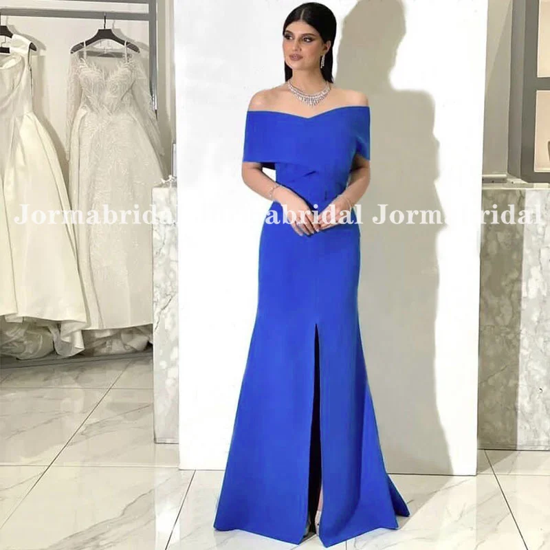 

Simple Royal Blue Mermaid Evening Dress Off the Shoulder Front Slit Prom Gowns Women Crepe Formal Occasion Party Dresses robes