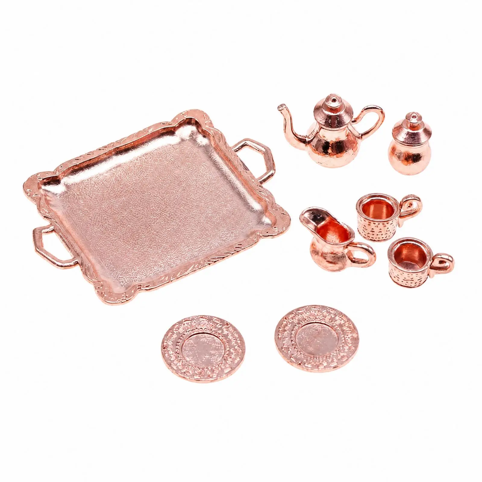 8 Pieces Alloy Miniature Tea-Service Set Patterned Miniature Tea Set with Teapot and Pitcher Decorative Realistic