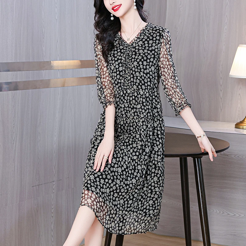 ฤดูใบไม้ผลิฤดูร้อนดอกไม้ชีฟอง Casual Beach Midi ชุดผู้หญิงเกาหลีแฟชั่น Elegant Prom 2025 Chic Luxury Party ชุดราตรี