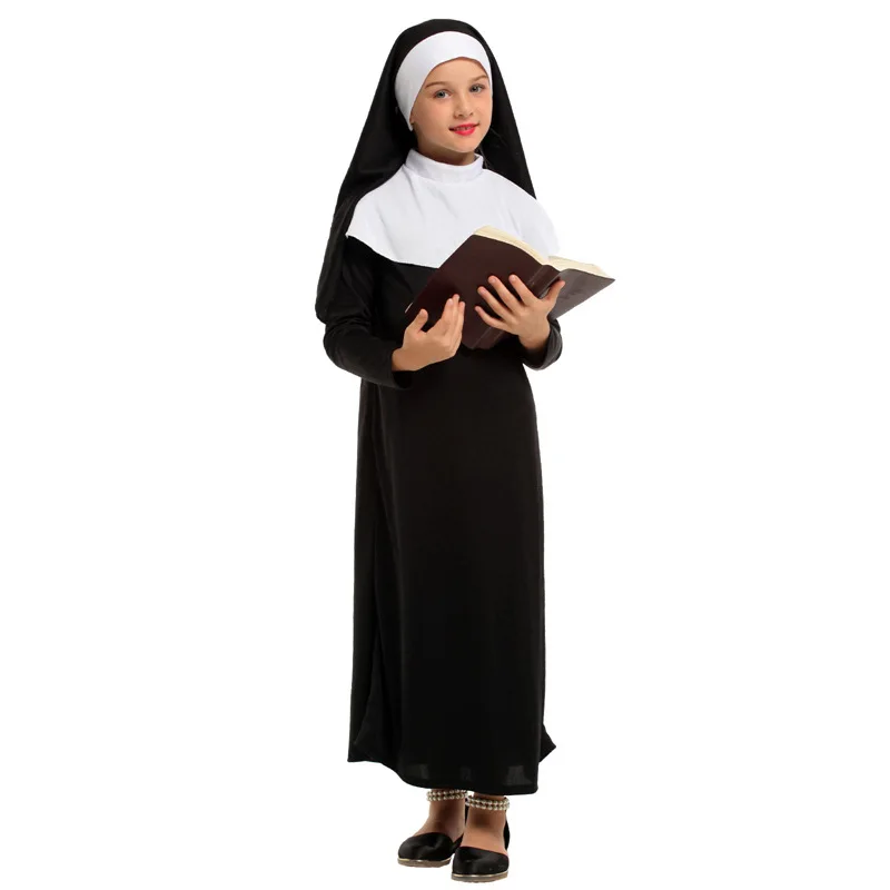 Costume de nonne noire pour filles, religion catholique chrétienne, missionnaire, enfant, Halloween, semaine du livre, fête de Pourim, robe de