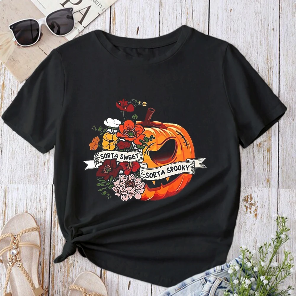 Kawaii tee Tops Halloween Fall Casual T Shirt Clothes Pumpkin Cute Trend 90s Women Costume colored flower Print Graphic T Shirts