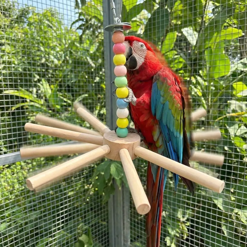 Durable Wood Rotating Bird Perch Large Size Colorful Beads Hanging Bird Stand Detachable Windmill Swing Parrot for Pet Birds