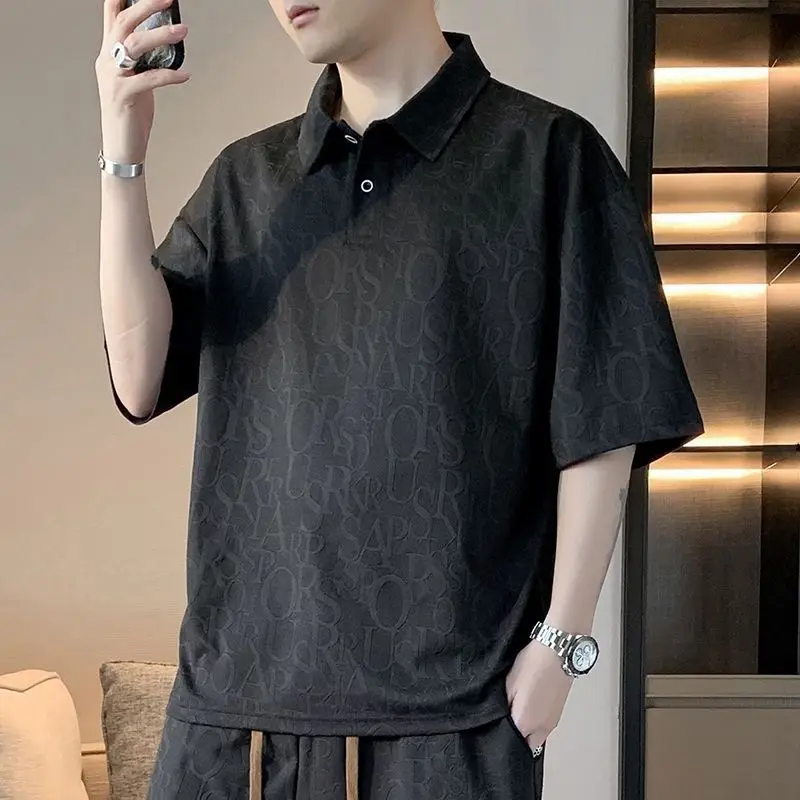 

Basic Solid Color Loose Polo Shirts Summer Letter Stylish Jacquard Weave Men's Clothing Polo-Neck Casual Short Sleeve T-shirts