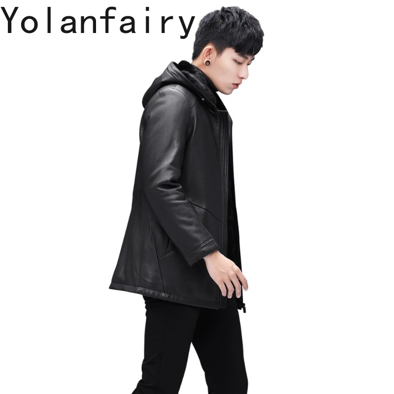 YOLANFAIRY Real Leather Jacket Men Mid-length Real Goatskin Deer-pattern Coat Winter Whole Mink Fur Liner Coats Hooded Fur Coat