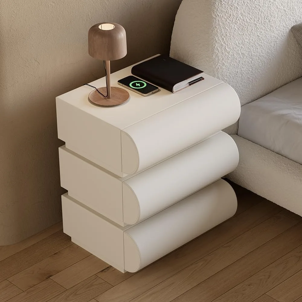 

USB & Type-C Ports – Modern White Leather Nightstand with 3 Drawers, Bedside Table fo