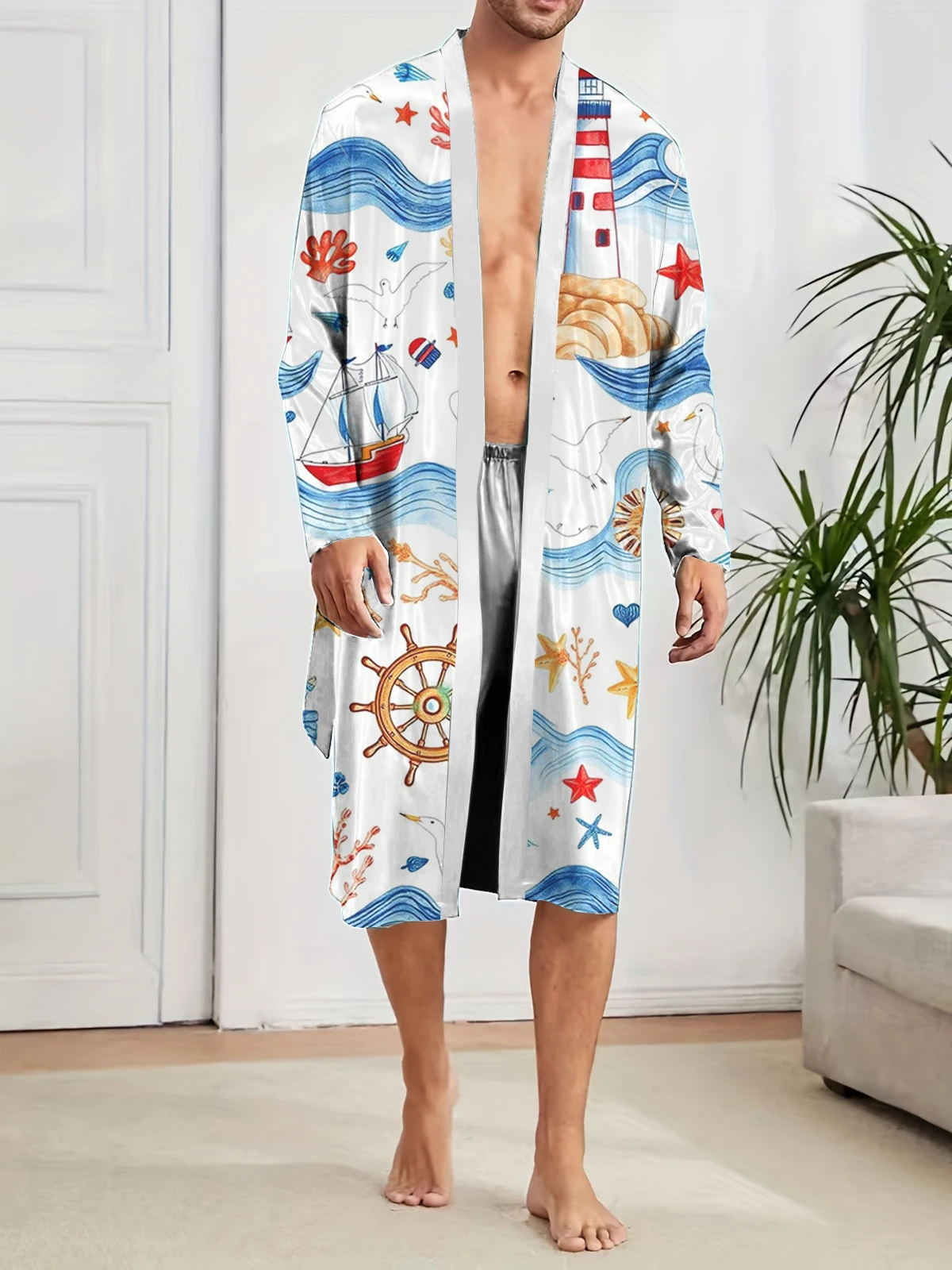 

Мужские длинные халаты с модной и удобной цифровой печатью для домашнего использования, мужские забавные и повседневные спальные халаты.