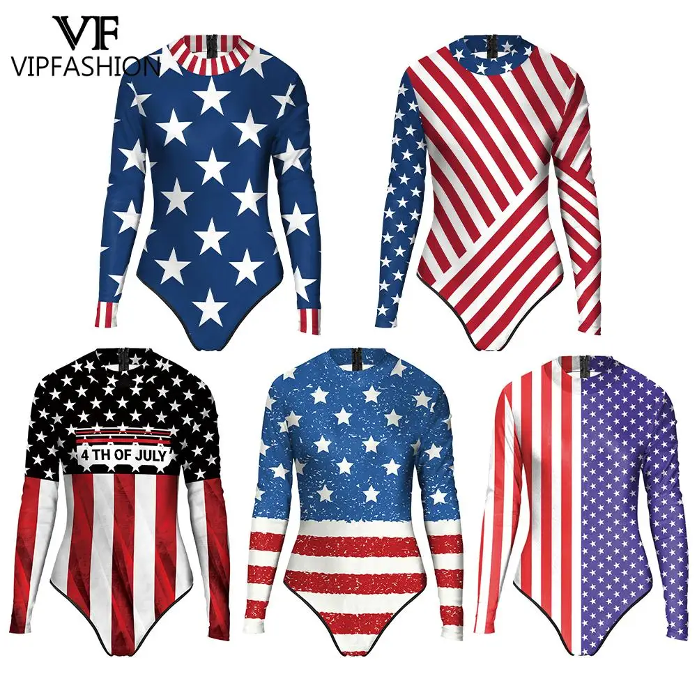 VIP FASHION Independence Day Bodysuit Women Sexy Zentai Suit Holiday Party Clothes Summer Long Sleeve SwimsuitS Cosplay Costume