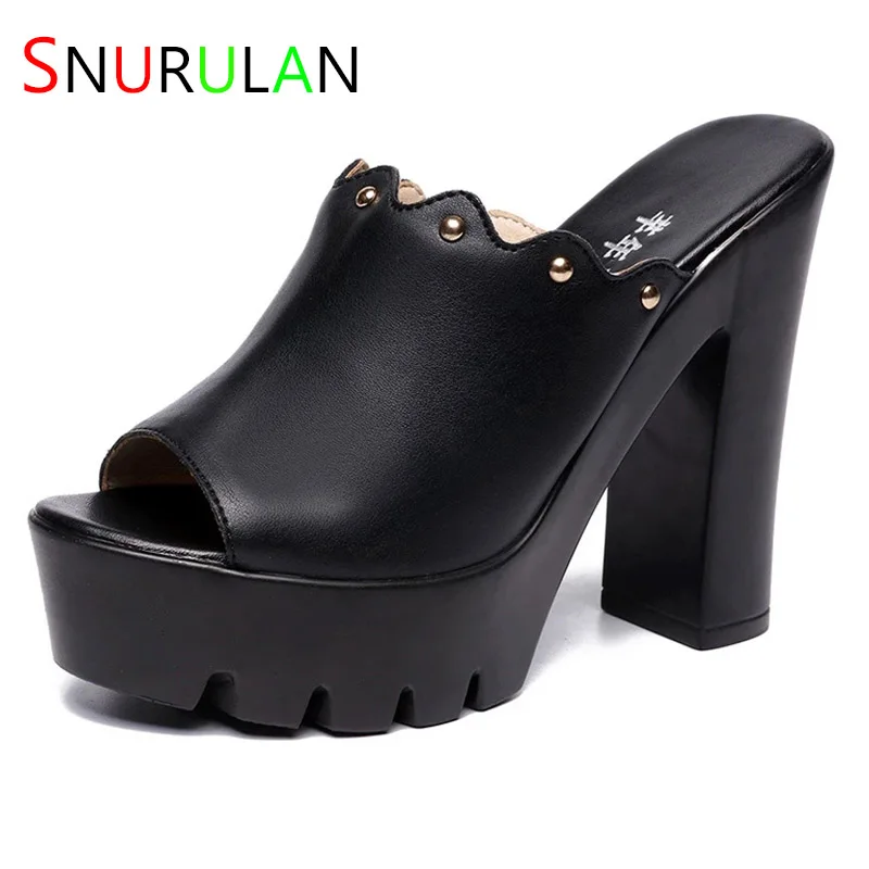 

Toe Plus Size 32-43 Block Heels Platform Shoes Woman Summer Slippers 2023 Super High Heels Leather Slides Women Slippers