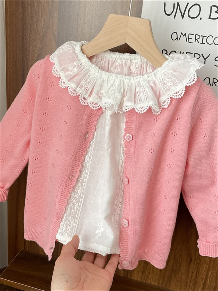 Spring Autumn Baby Girl Knitted Open Cardigan Thin Outerwear Faionable Top for Little Girls Soft Long Sve round Ne Silk