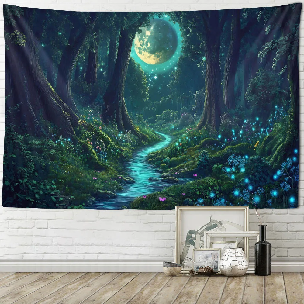 Forest Night Jungle Bird Waterfall Sunshine Landscape Tapestry - Fantasy Planet Wall Hanging Modern Home Decor Background Art