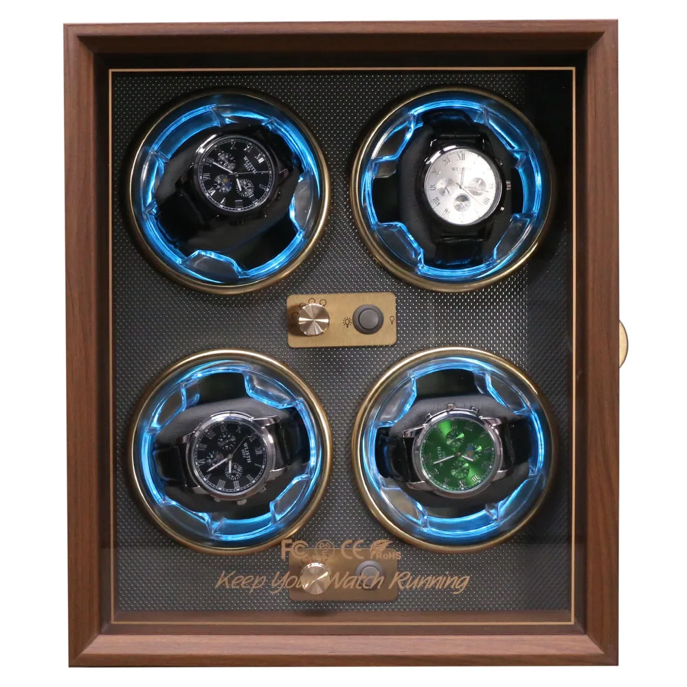 

Wooden Watch Winder for Automatic Watches 4 Slots Display Collector Storage Wood Grain with Blue Light