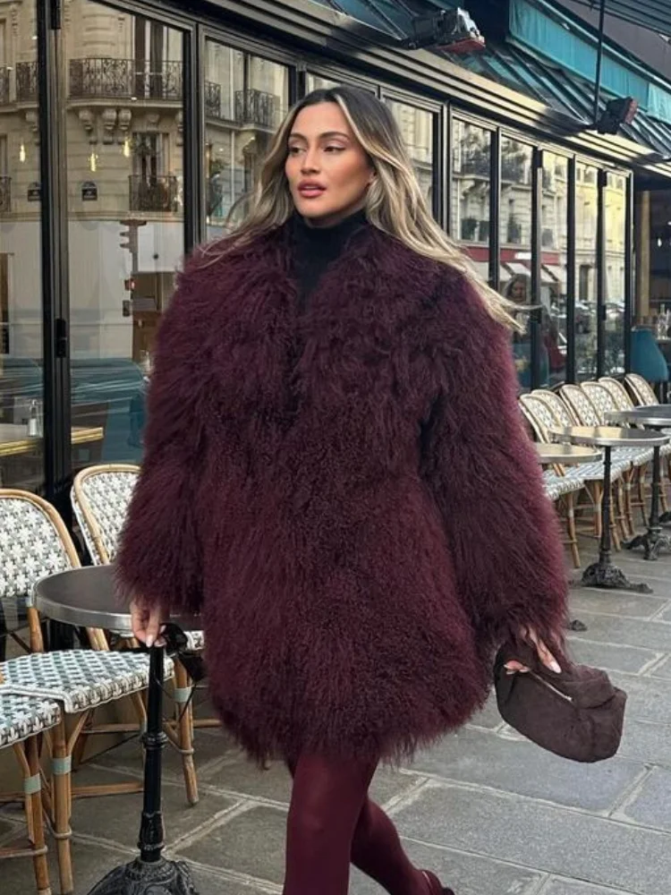 Women\'s Fashion Wine Red Furry Faux Fur Warm Coat 2024 New Thicken Fluffy Plush Loose Trendy Jacket Winter Chic Lady Outerwear