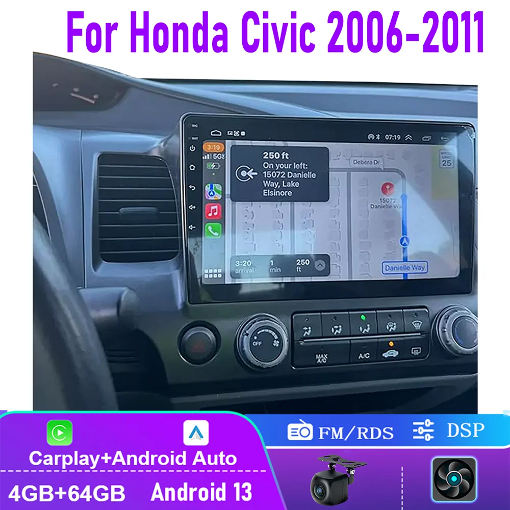 

10'' 4+64GB For Honda Civic 2006-2011 Car Stereo Radio Wireless Carplay Android 15 Auto Head Unit FM GPS Canbus
