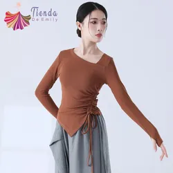 Thumb Finger Sleeve Women Top Long Sleeve Dance Shirt Side Draw String Classical Dancer Practice Clothes Solid Color 2023 New