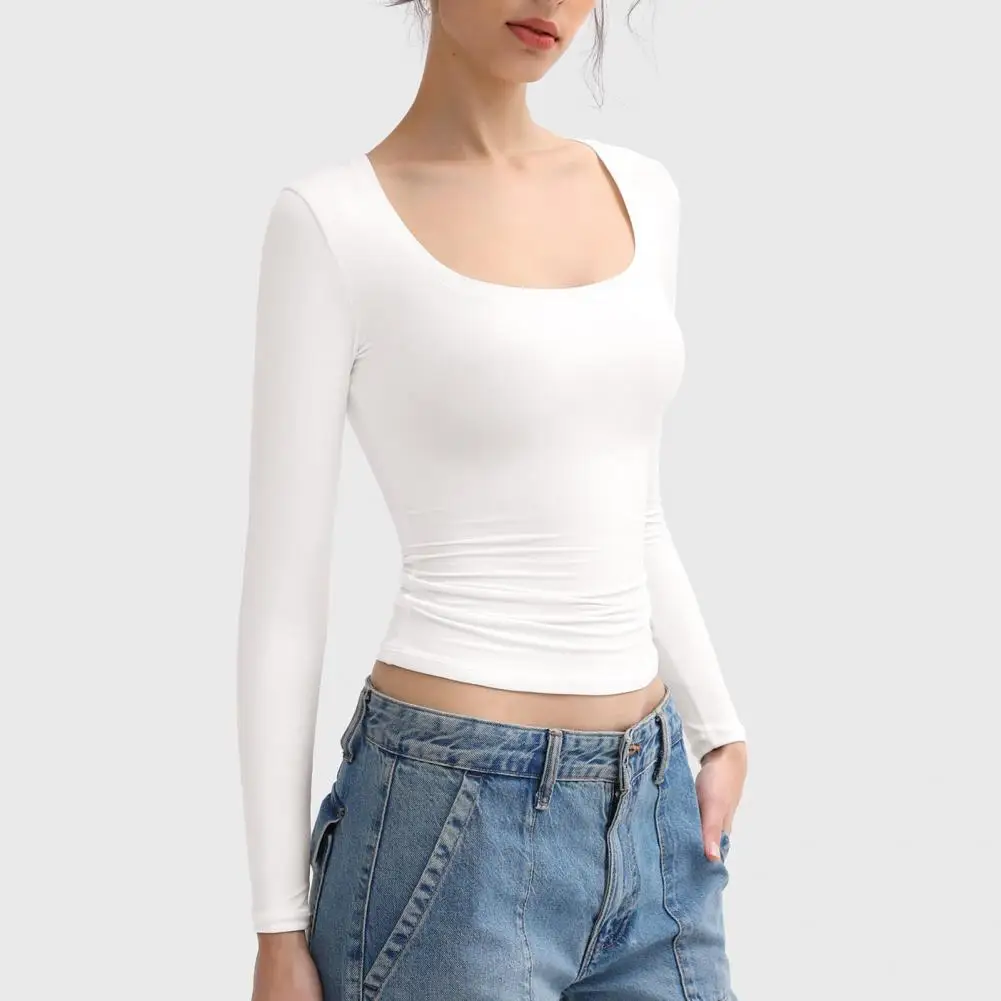 

Slim Fit Bottoming Tops Women's Scoop Neck Long Sleeve Bottoming Tops Slim Fit Pullover Blouse Solid Color High Elastic Regular