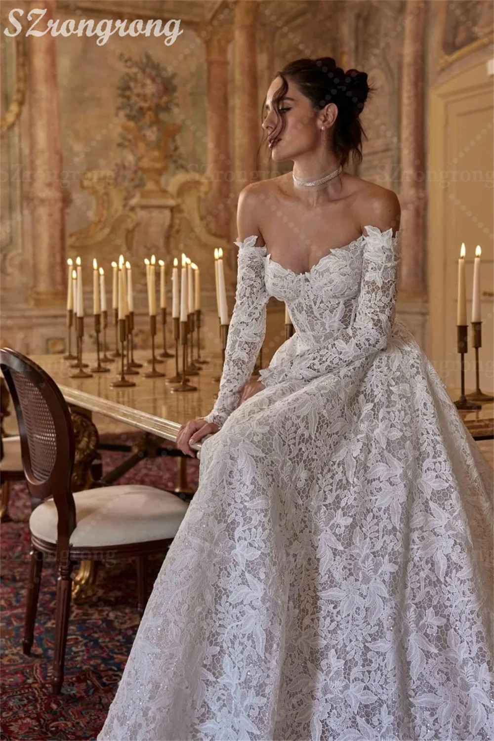 Elegancka suknia ślubna z odkrytymi ramionami, koronkowymi długimi rękawami, odkrytymi plecami, długości do podłogi, z trenem, szyta na miarę, suknia wieczorowa.