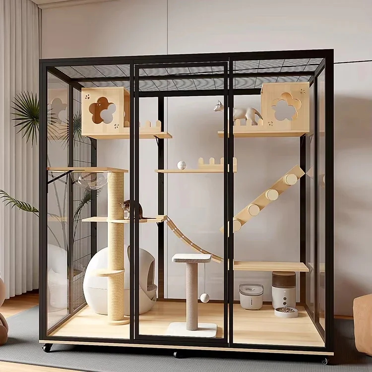 Super Large Luxury Cat Villa Home Panoramic Glass Cat Cabinet with Button Closure Steel Wood Pet Display Cage for Cats Dogs