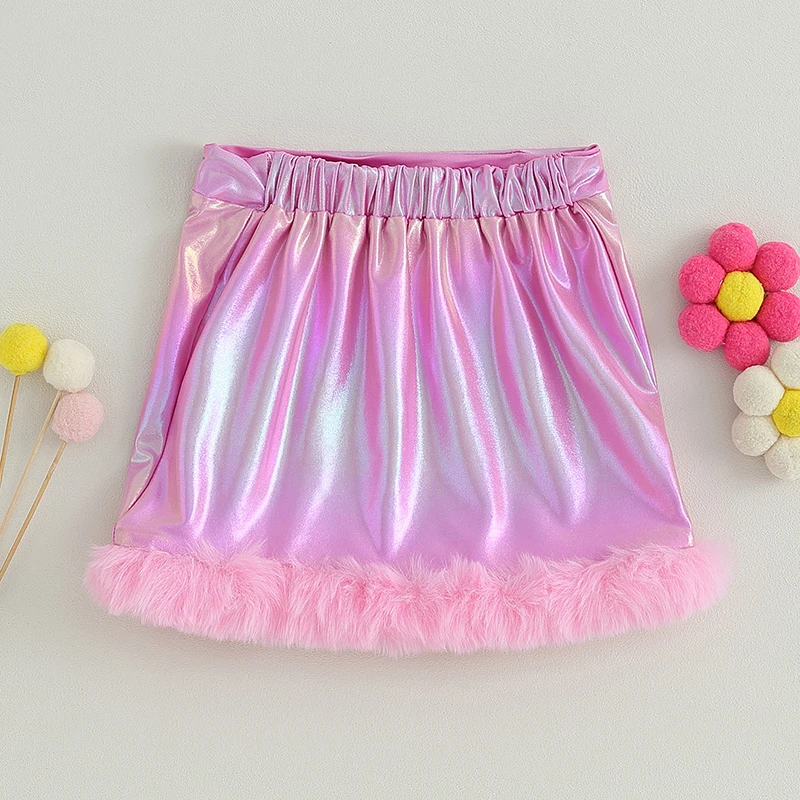 

Suefunskry Kids Girls Mini Skirts Holographic Plush Trim High Elastic Waisted Short Skirts Fall Casual A-line Pencil Skirts 4-7Y