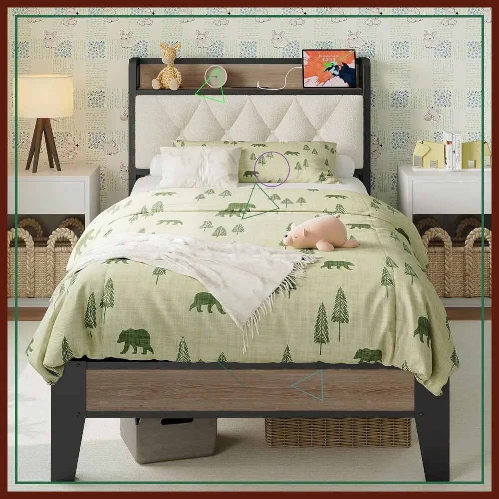 

Twin XL Bed Frame with Storage Headboard, Charging Station, Sturdy Metal Platform, Noise-Free, Easy Assembly