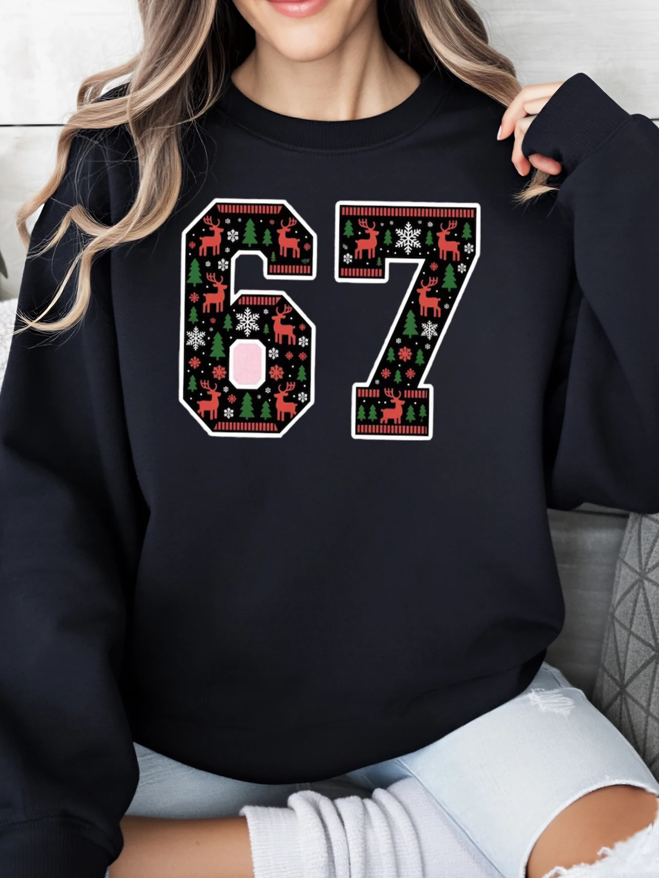 Weihnachts-Sweatshirt mit Rentier-Baum-Muster 67, Urlaubs-Sweatshirt für Damen, Freizeitkleidung, festliches Outfit, Schwarz, Übergröße