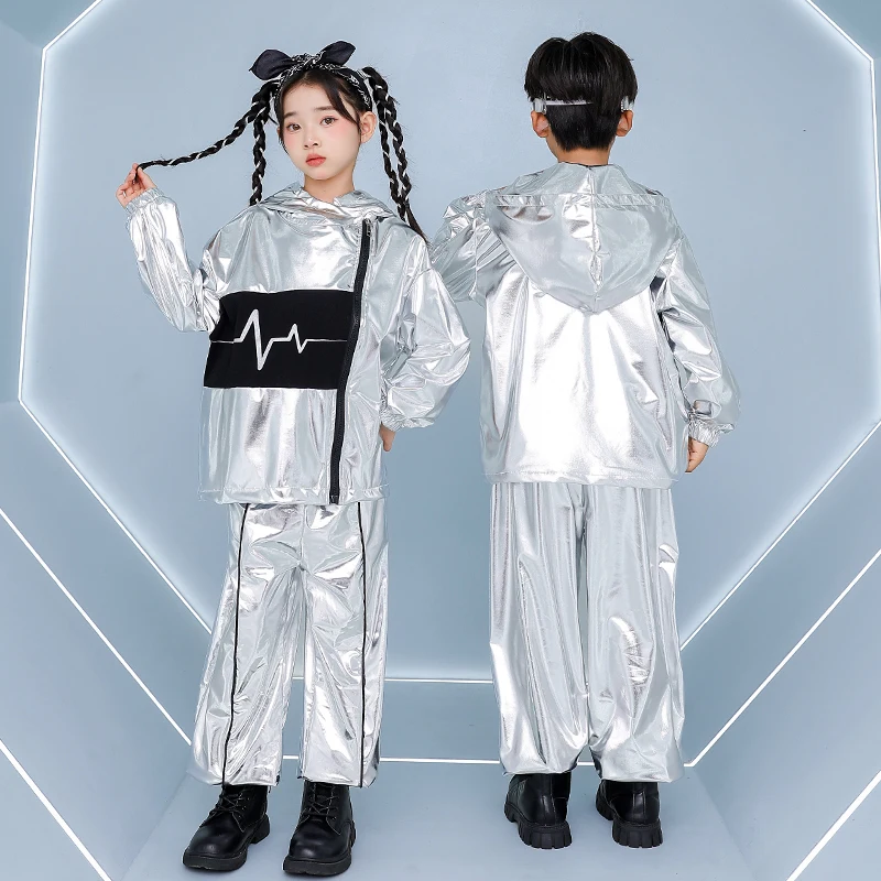 Zilver Jazzdans Kleding Kinderen Show Prestaties Pak Hip Hop Broek Mode Hoodie Jongens Meisjes Street Dance Wear VDL4847