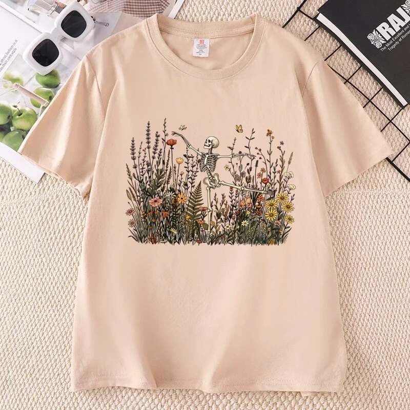 Skeleton Dancing Wildflower T-shirt Women Botanical Floral Cottagecore Nature Lover Tshirt Casual Round Neck Short Sleeve Tees