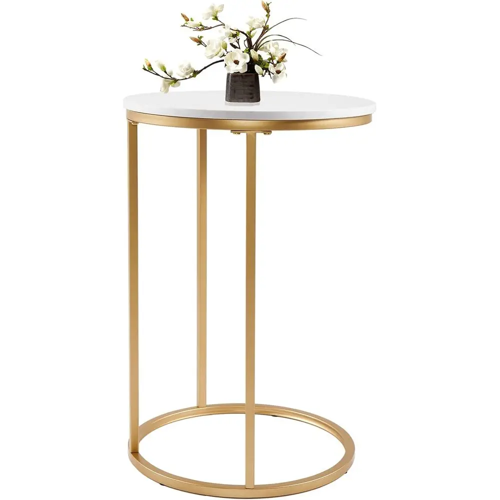 Round C Shaped End Snack Side Table Slide Under Couch with Marble Top or Soa Coee Laptop Living Room Bedroom Small Space, 16